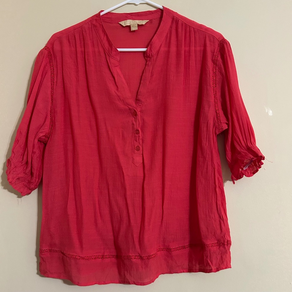 HOPE &‎ HARLOW Coral Gauze Lace Trim 3/4 Sleeve Tunic Top Blouse Size S
